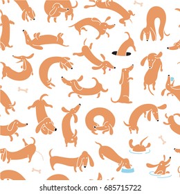 Cute Dog Dachshund Seamless Vector Pattern And Background