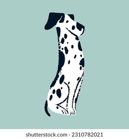 Cute dog of Dalmatian breed. Funny canine animal, puppy sitting. Obedient amusing doggy with black spots print. Charming spotty pup. Sweet lovely bicolor pet. Isolated flat vector illustration