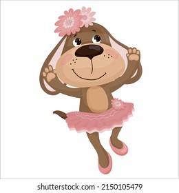 Cute dog dancer in a ballerina costume and flowers on her head