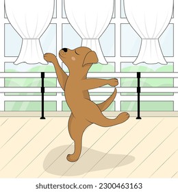 Cute dog dancer. Lovely cartoon puppy, fun animal character rehearsing choreography in the dance class for dancer career. Profession, occupation, job flat vector illustration.