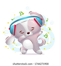 The cute dog dances in headphones and shows a gesture of dab. Vector illustration in the style of a cartoon on a white background