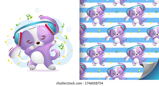 The cute dog dances in headphones and shows a gesture of dab. Vector seamless pattern and illustration