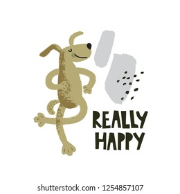 Cute dog dancing illustration with text Really happy on hand drawn shapes background. Motivational quotes, sayings. Vector flat cartoon illustration for card, poster, nursery, fabric