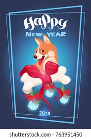 Cute Dog With Decorated Bone Over Happy New Year Lettering 2018 Asian Symbol Flat Vector Illustration