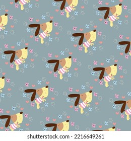 Cute dog delicate pattern with flowers. Vector graphics