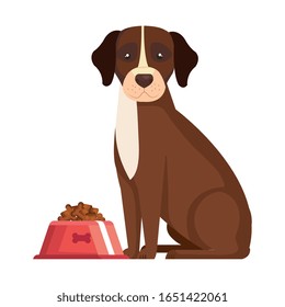 cute dog with dish food isolated icon vector illustration design
