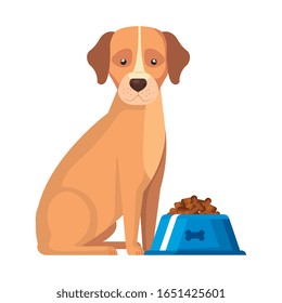 cute dog with dish food isolated icon vector illustration design