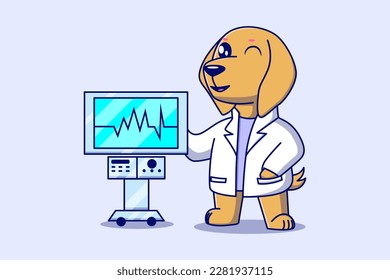 Cute Dog Doctor With Electrocardiography Vector Cartoon