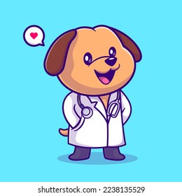 Cute Dog Doctor With Stethoscope Cartoon Vector Icon Illustration. Animal Healthy Icon Concept Isolated Premium Vector. Flat Cartoon Style