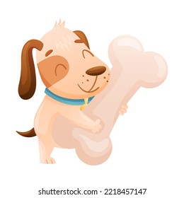 Cute Dog as Domestic Pet with Collar Holding Huge Bone Vector Illustration