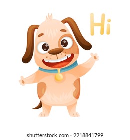 Cute Dog as Domestic Pet with Collar Waving Paw Saying Hi Vector Illustration