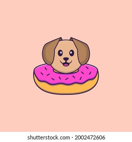 Cute dog with a donut on his neck. Animal cartoon concept isolated. Can used for t-shirt, greeting card, invitation card or mascot.
