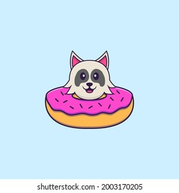 Cute dog with a donut on his neck. Animal cartoon concept isolated. Can used for t-shirt, greeting card, invitation card or mascot.