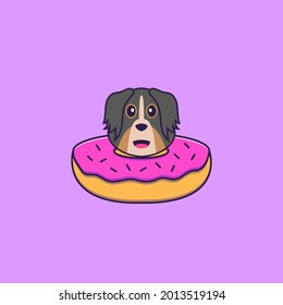 Cute dog with a donut on his neck. Animal cartoon concept isolated. Can used for t-shirt, greeting card, invitation card or mascot.