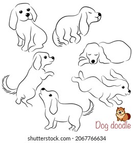 Cute dog doodle collection in different poses in free hand drawing vector illustration style.