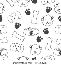Cute dog doodle vector seamless pattern with black and white design suitable for background or fabric