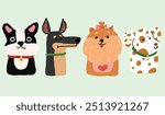 Cute dog doodle vector set. Comic dog faces character design of different dog breed with flat color isolated on solid color background