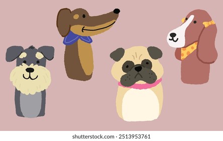 Cute dog doodle vector set. Comic dog faces character design of different dog breed with flat color isolated on solid color background