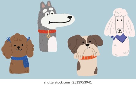 Cute dog doodle vector set. Comic dog faces character design of different dog breed with flat color isolated on solid color background