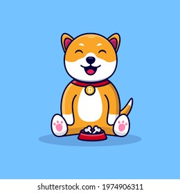 Cute Dog with doog food. Kawaii Dog with Bone. Animal Flat Cartoon Style