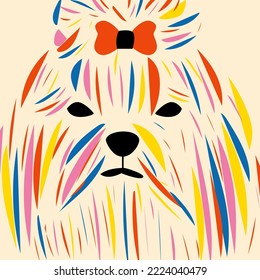 Cute dog, drawn with multicolored strokes on a light background. Hand-drawn pet. Vector illustration of maltese. Portrait of a dog for wall decor. Unusual, beautiful, bright vector illustration.
