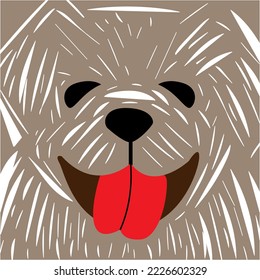 Cute dog drawn in strokes on a brown background.  Hand drawn pet. Vector illustration of a wolf. Dog portrait for wall decor. Unusual, beautiful vector illustration of a dog that shows his tongue.  

