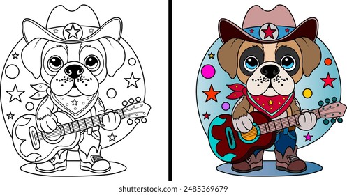 Cute dog dressed as a cowboy with a guitar. Coloring page. Vector illustration.