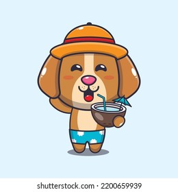 Cute dog drink coconut cartoon illustration.