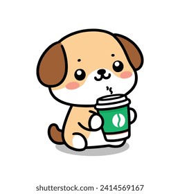 Cute dog drink coffee logo illustration 