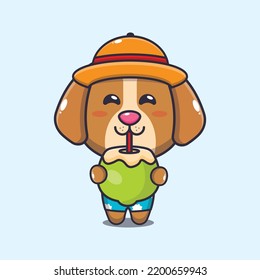 Cute dog drink fresh coconut cartoon illustration.