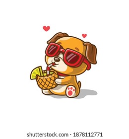Cute dog drink a pineapple juice icon illustration. Dog mascot cartoon character.