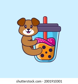 Cute dog Drinking Boba milk tea. Animal cartoon concept isolated. Can used for t-shirt, greeting card, invitation card or mascot.