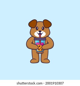 Cute dog Drinking Boba milk tea. Animal cartoon concept isolated. Can used for t-shirt, greeting card, invitation card or mascot.