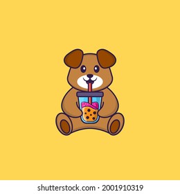 Cute dog Drinking Boba milk tea. Animal cartoon concept isolated. Can used for t-shirt, greeting card, invitation card or mascot.