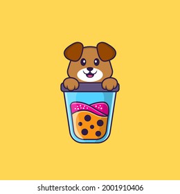 Cute dog Drinking Boba milk tea. Animal cartoon concept isolated. Can used for t-shirt, greeting card, invitation card or mascot.