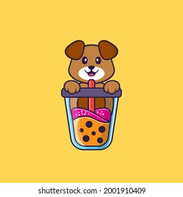 Cute dog Drinking Boba milk tea. Animal cartoon concept isolated. Can used for t-shirt, greeting card, invitation card or mascot.