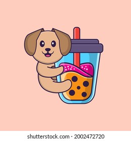 Cute dog Drinking Boba milk tea. Animal cartoon concept isolated. Can used for t-shirt, greeting card, invitation card or mascot.