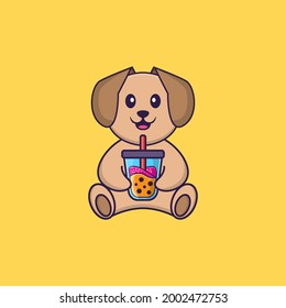 Cute dog Drinking Boba milk tea. Animal cartoon concept isolated. Can used for t-shirt, greeting card, invitation card or mascot.