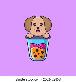 Cute dog Drinking Boba milk tea. Animal cartoon concept isolated. Can used for t-shirt, greeting card, invitation card or mascot.