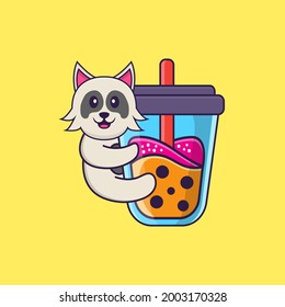 Cute dog Drinking Boba milk tea. Animal cartoon concept isolated. Can used for t-shirt, greeting card, invitation card or mascot.