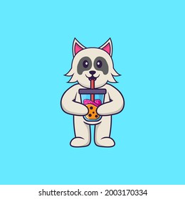 Cute dog Drinking Boba milk tea. Animal cartoon concept isolated. Can used for t-shirt, greeting card, invitation card or mascot.