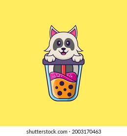 Perro lindo Beber té de leche Boba. El concepto de caricatura animal aislado. Puede usarse para camisetas, tarjetas de felicitación, tarjetas de invitación o mascota.