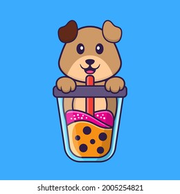 Cute dog Drinking Boba milk tea. Animal cartoon concept isolated. Can used for t-shirt, greeting card, invitation card or mascot.