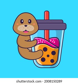 Cute dog Drinking Boba milk tea. Animal cartoon concept isolated. Can used for t-shirt, greeting card, invitation card or mascot.