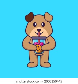 Cute dog Drinking Boba milk tea. Animal cartoon concept isolated. Can used for t-shirt, greeting card, invitation card or mascot.