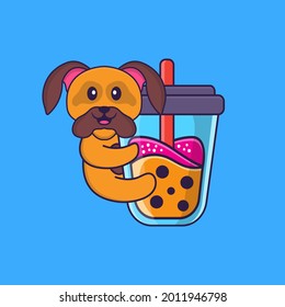 Cute dog Drinking Boba milk tea. Animal cartoon concept isolated. Can used for t-shirt, greeting card, invitation card or mascot.