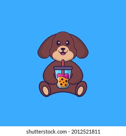 Cute dog Drinking Boba milk tea. Animal cartoon concept isolated. Can used for t-shirt, greeting card, invitation card or mascot.