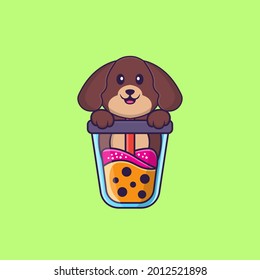 Cute dog Drinking Boba milk tea. Animal cartoon concept isolated. Can used for t-shirt, greeting card, invitation card or mascot.