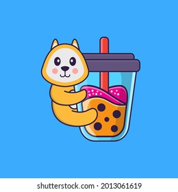 Cute dog Drinking Boba milk tea. Animal cartoon concept isolated. Can used for t-shirt, greeting card, invitation card or mascot.