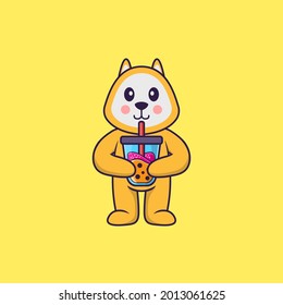 Cute dog Drinking Boba milk tea. Animal cartoon concept isolated. Can used for t-shirt, greeting card, invitation card or mascot.
